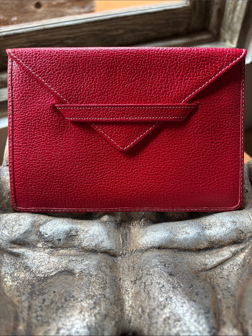 TUSK Italian Pebbled Red Leather Envelope Single Wallet - Unisex Stylish Clutch